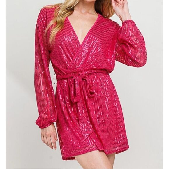 Fuchsia sequin long sleeve dress - Picture 1 of 11